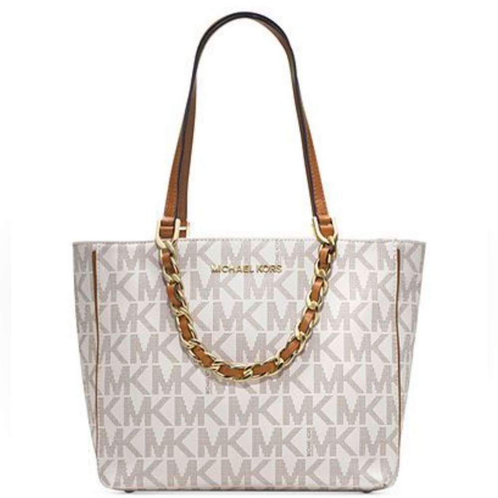 MICHAEL KORS⭐️ Large Harper East West Tote Bag Handbag, White (Vanilla & Brown)